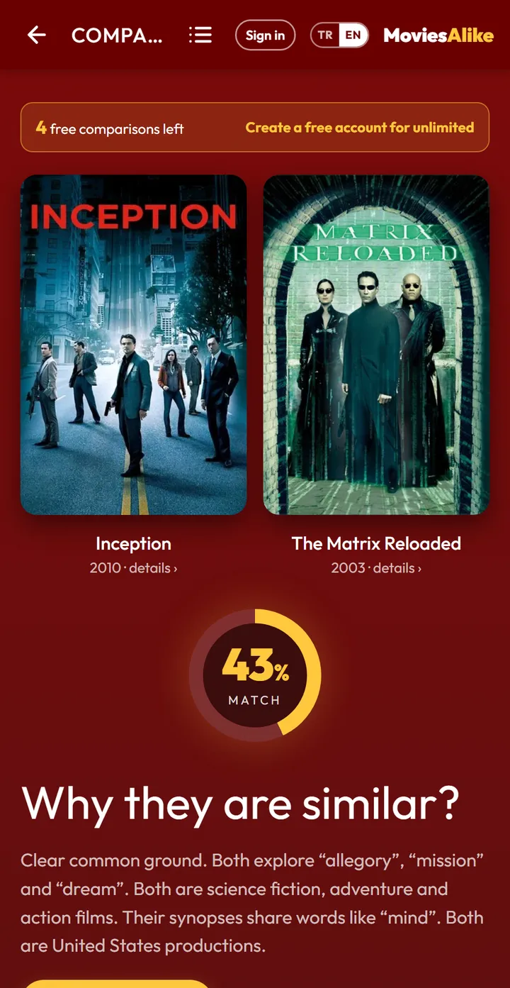 MoviesAlike karşılaştırma ekranı ve benzerlik açıklaması