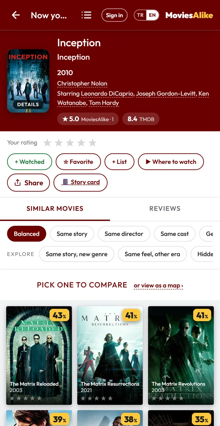 MoviesAlike'ta Inception'a benzeyen filmler